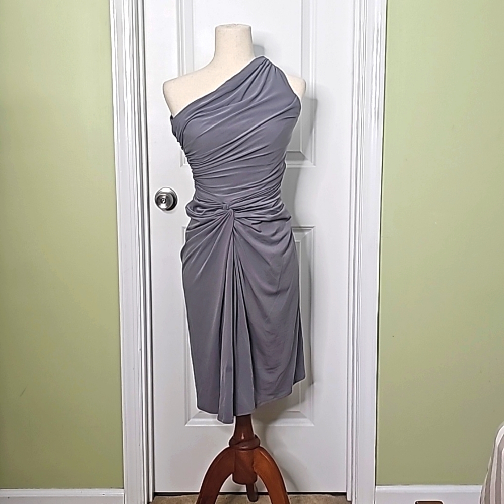 Maggy London One Shoulder Dress Ruching Grey Size 4 Wedding Guest Spec Occasion